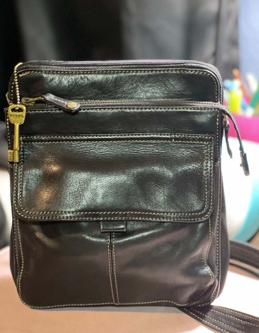 Fossil Crossbody Organizer Bag Black Leather